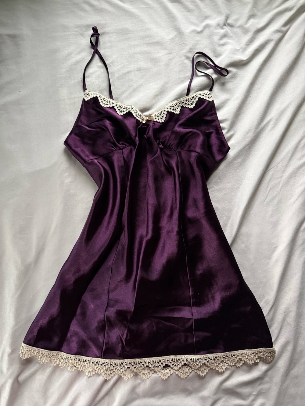Gilligan & O'Malley Deep Purple Satin Chemise with Cream Lace Trim